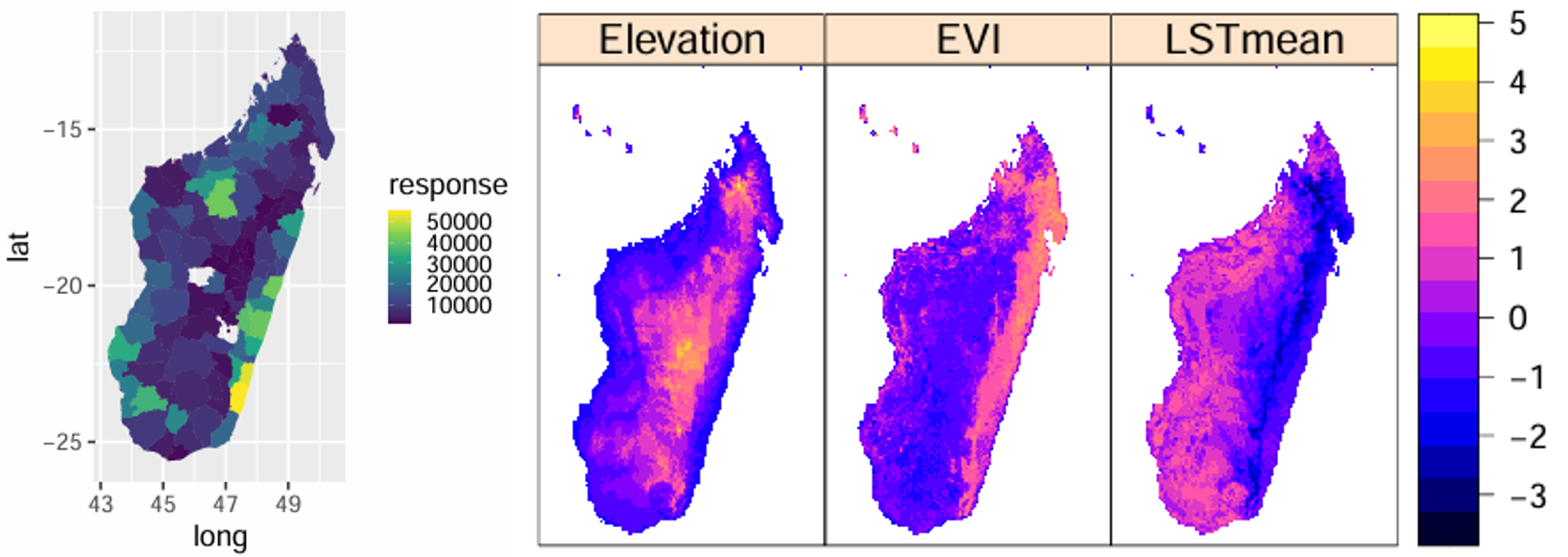 These figures above show the resolution mismatch; on the left we have the low resolution public health case counts and on the right we have the high resolution environmental satellite covariates (Nandi et al. 2023,https://doi.org/10.18637/jss.v106.i11).